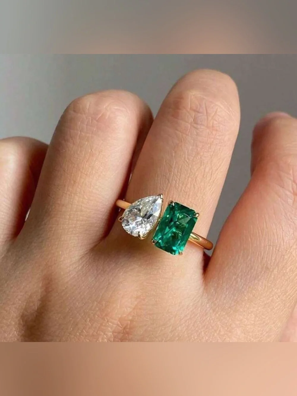 NEW-7 Gold Ring with Emerald Green Cushion and White Teardrop Stones